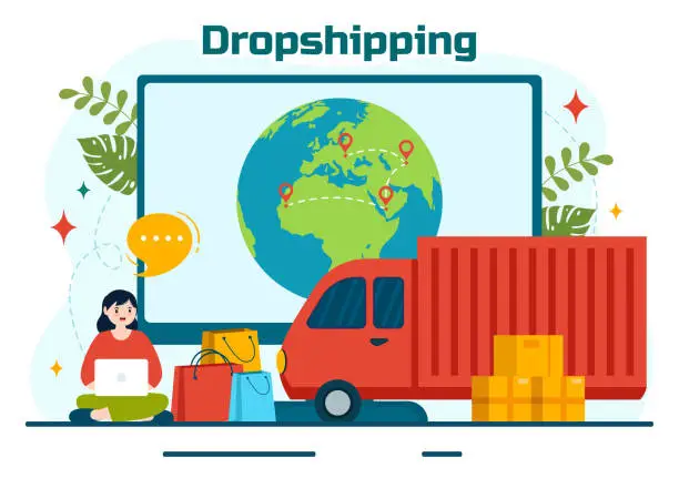 Vector illustration of Dropshipping Business Vector Illustration with Businessman Open E-commerce Website Store and Let Supplier Ship Product in Flat Cartoon Background