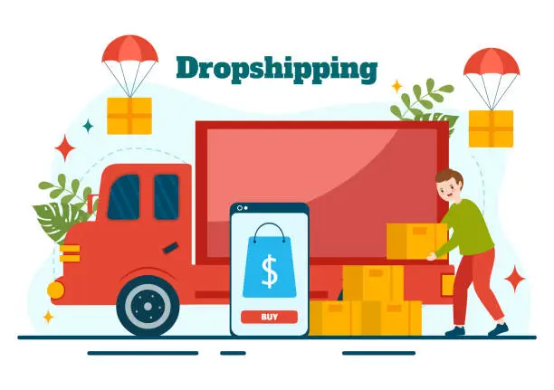 Vector illustration of Dropshipping Business Vector Illustration with Businessman Open E-commerce Website Store and Let Supplier Ship Product in Flat Cartoon Background