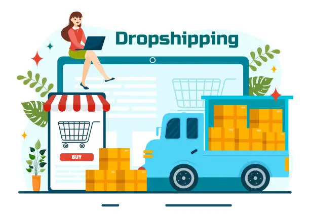 Vector illustration of Dropshipping Business Vector Illustration with Businessman Open E-commerce Website Store and Let Supplier Ship Product in Flat Cartoon Background