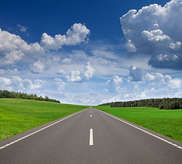 istock Asphalt road in green fields under beautiful sky 176602534