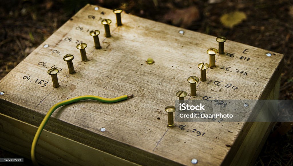 Geocaching Finding a hidden geocache coordinates (GPS based adventure game) with a simple puzzle Box - Container Stock Photo