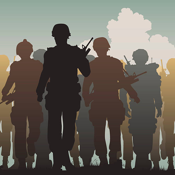 Troops walking Editable vector silhouettes of armed soldiers walking together soldier stock illustrations