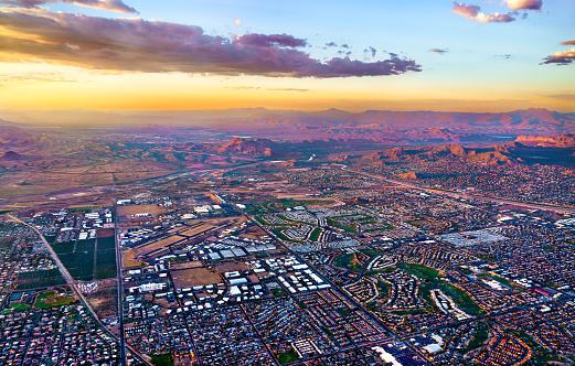 Aerial sunset landscape of suburbs of Phoenix, Arizona