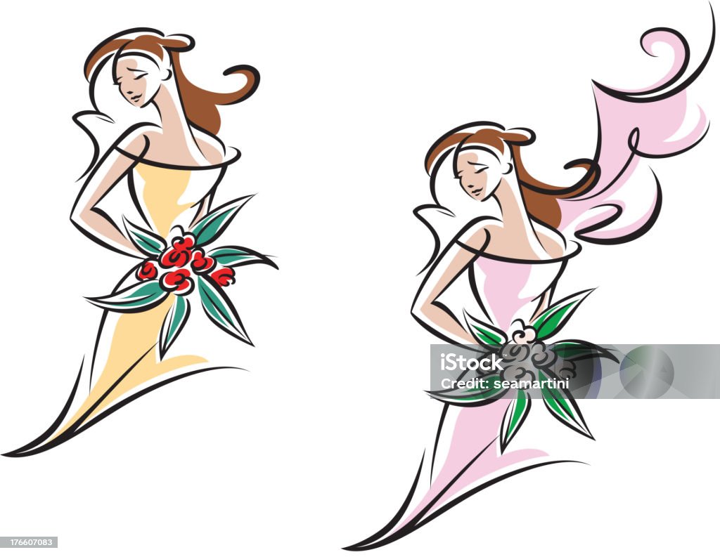 Hermosa novia con ramo de flores - arte vectorial de Adulto libre de derechos