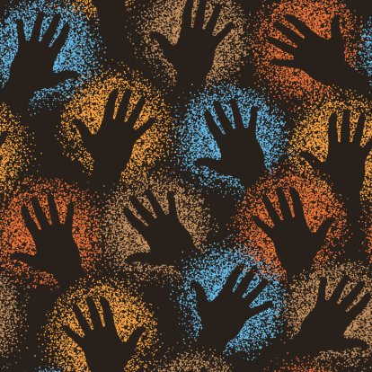 Editable vector seamless tile of cave art paint-sprayed hands