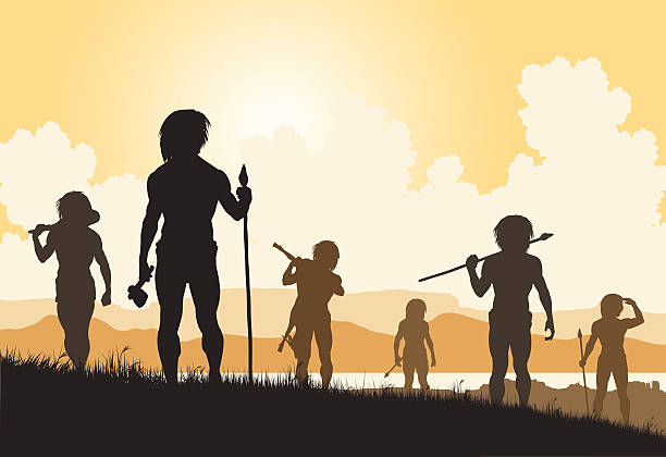 Stoneage hunters vector art illustration