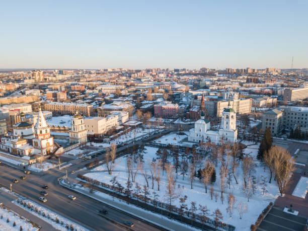 Aerial view of Irkutsk cityscape one of the largest cities in Siberia, Russia. Irkutsk is one of the great Siberian cities and by right considers itself the capital of Eastern Siberia. largest city in siberia stock pictures, royalty-free photos & images