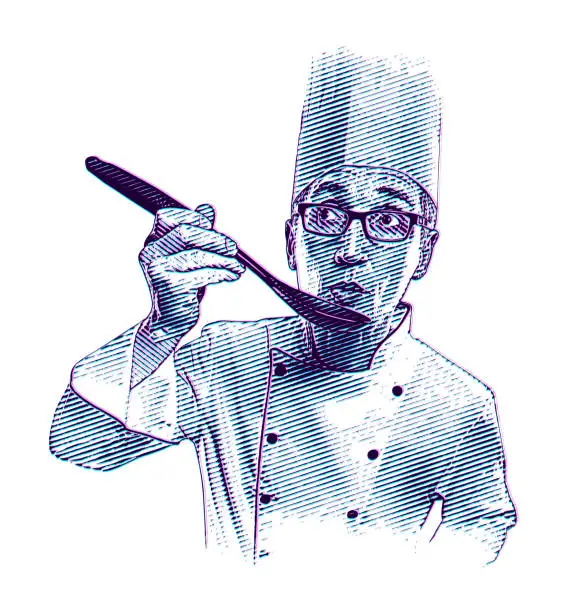 Vector illustration of Male Chef Tasting His Cooking with Glitch Technique