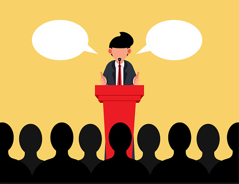 Conference or seminar. Businessman stand with podium and speech on stage in front of an audience