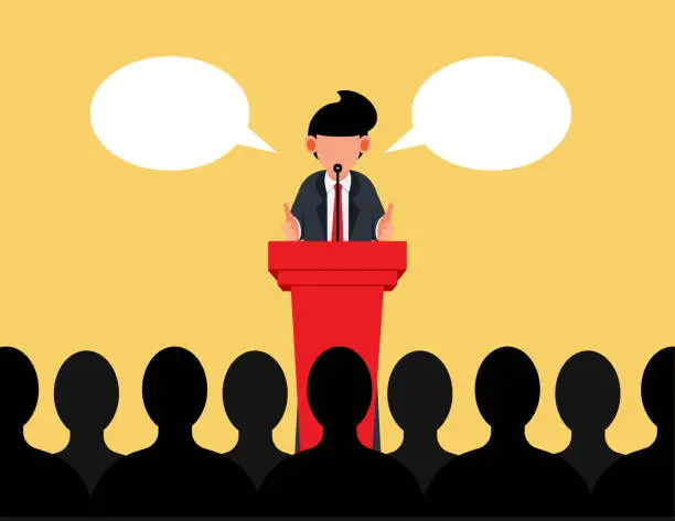 Vector illustration of Conference or seminar. Businessman stand with podium and speech on stage in front of an audience