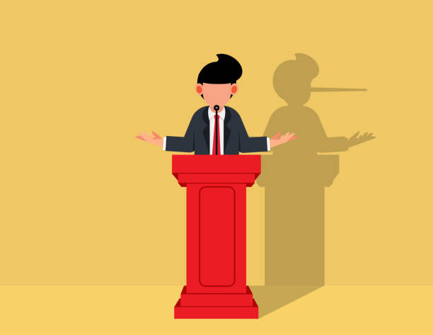 illustrations, cliparts, dessins animés et icônes de homme politique menteur. homme politique sur un podium prononçant un discours avec ses longues ombres de nez. - nose job audio