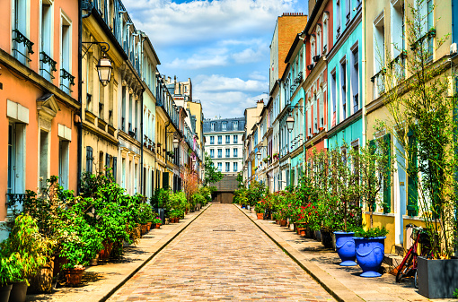 Rue Cremieux Street with colorful houses in the 12th arrondissement of Paris, France