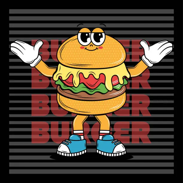 Vector illustration of Poster with funky cartoon Characters Burgers in groovy style. Retro card for delivery service. Vintage hippie design and slogan for burger bar, restaurant, social media, posts. Vector art