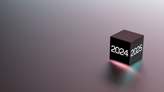 Year 2024-2025, glowing neon numbers on a cube with copy space. 2024,2025, space for text, goal, plan. 2024-2025 banner. 3D render.