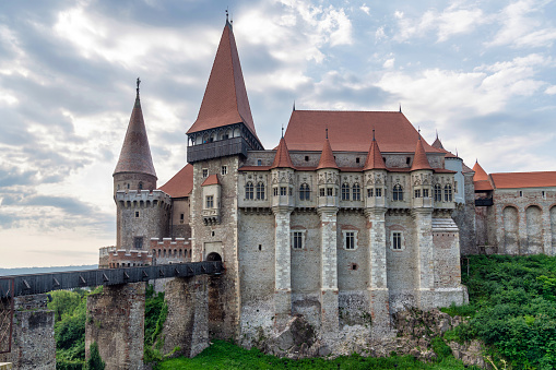 October 30, 2023: Hunedoara, Romania - Corvin Castle, also known as Castelul Corvinilor. This photo taken from the exterior and shows the majestic and large castle.