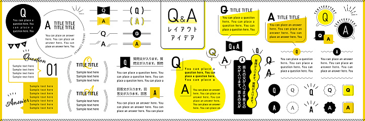 Q&A Layout Design Ideas with Text frames, Speech bubbles, Borders, and Other Decorations, Yellow ver. (Text translation: 