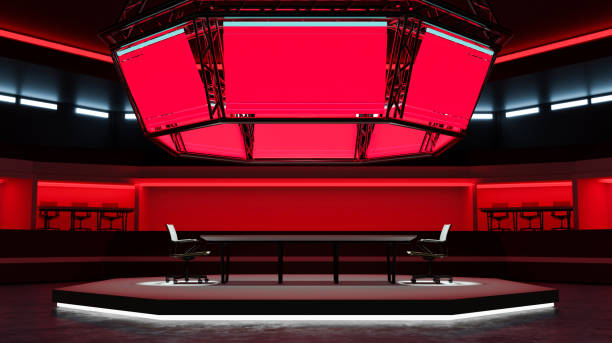conception futuriste d’un studio de jeu télévisé avec une table d’interview sur scène et des moniteurs rectangulaires. - programme de télévision photos et images de collection