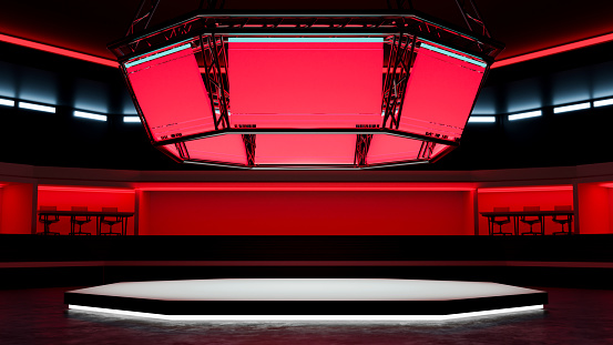 Futuristic TV game show studio design with rectangular stadium monitors and empty stage. competition stage or concert stage. 3d render, 3d illustration