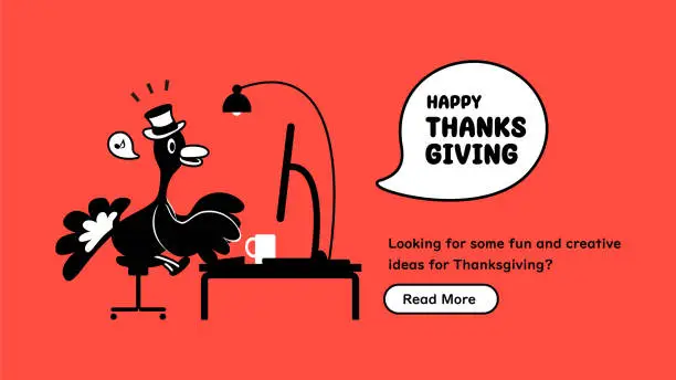 Vector illustration of A turkey wearing a top hat and using a computer on Thanksgiving Day