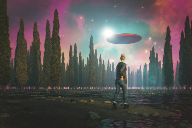 istock Woman walking towards flying UFO 1766183315