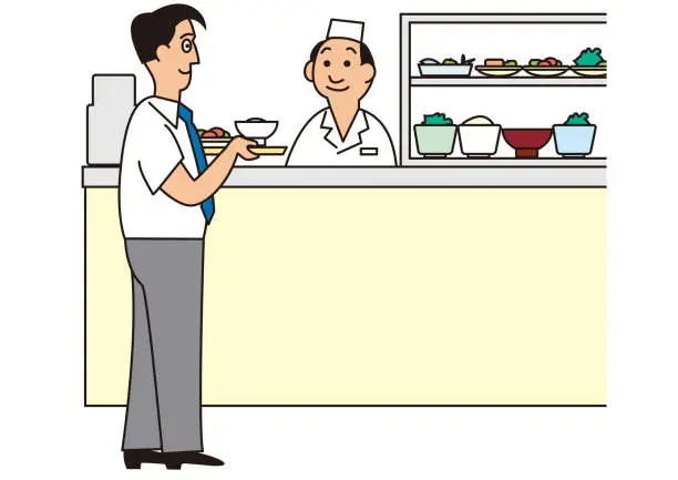 Vector illustration of A businessman collects the food he wants to eat on a tray in the company cafeteria