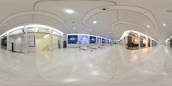 New York, NY, USA - October 27, 2023: 360 equirectangular photo interior of the Westfield World Trade Center Oculus Center