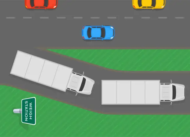 Vector illustration of Heavy vehicle driving rules and tips. Weigh station area. Top view of a semi-trailers on a queue to station. Vector illustration template.