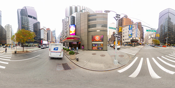 New York, NY, USA - October 27, 2023: Broadway NYC New York famous destination. 360 VR equirectangular photo