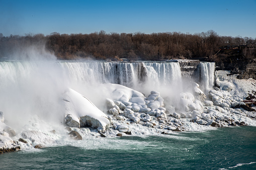 Niagara falls in winter with frozen rocks, the American side