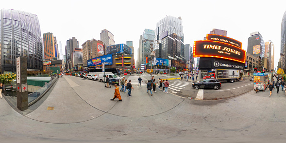 New York, NY, USA - October 27, 2023: 360 VR equirectangular photo Times Square welcome sign New York