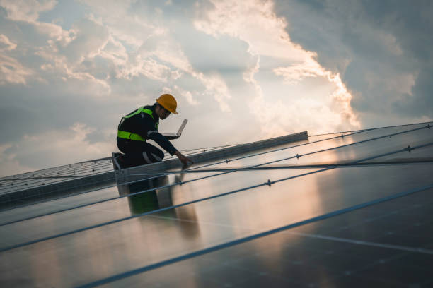 istock Techniques checking solar cell on the roof for maintenance. Service engineer worker install solar panel. Clean energy concept. 1766253972