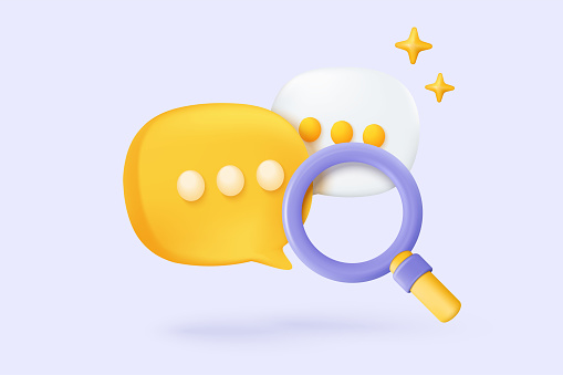 3D magnifier minimal notification icon with bubble speech floating around on background. glass with speech chat concept for social media element. 3d search icon for message vector render illustration