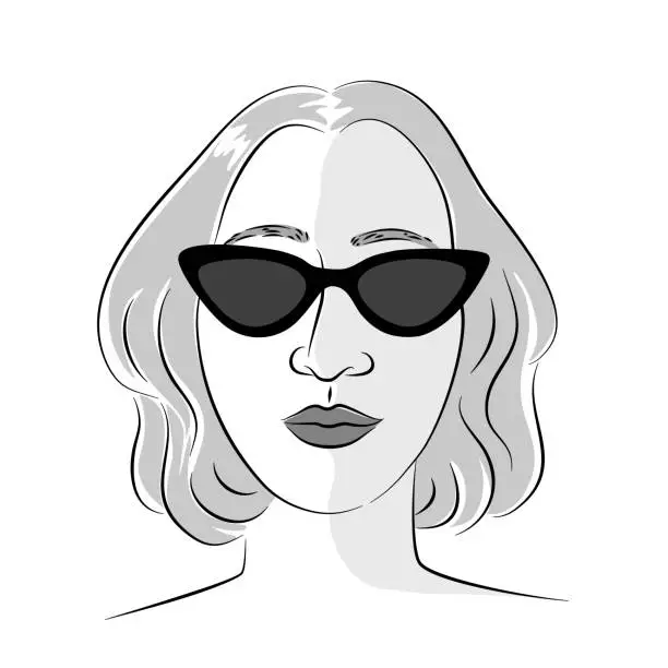 Vector illustration of Bueautyful face of a woman with Cat-eye sunglasses, hand drawn style black and white lines vector.