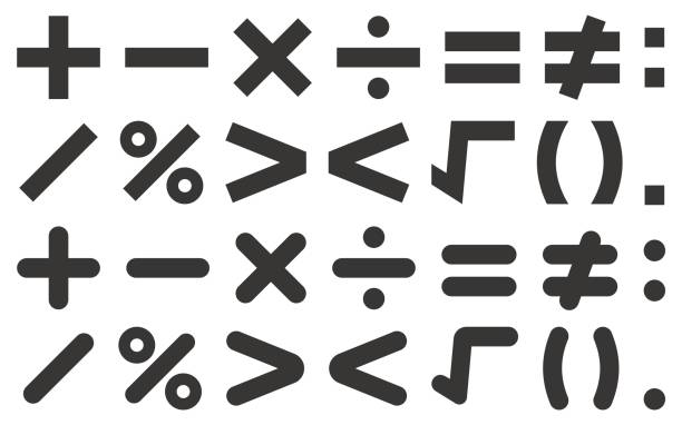 zestaw czarno-białych ilustracji wektorowych symboli arytmetycznych dla operatorów, dodawania, odejmowania, mnożenia, dzielenia, równego itp. - znak równości stock illustrations
