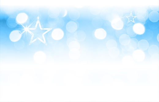 Horizontal illustration of a creative light blue color Xmas lights bokeh shimmery backgrounds with pair of hanging shining pentagram stars. It is textured and has a color gradient. There is no text and no people, ample copy space. Apt for birthday party celebrations backdrops, wallpapers, templates for greeting cards, banners or posters or gift wrapping paper sheets.