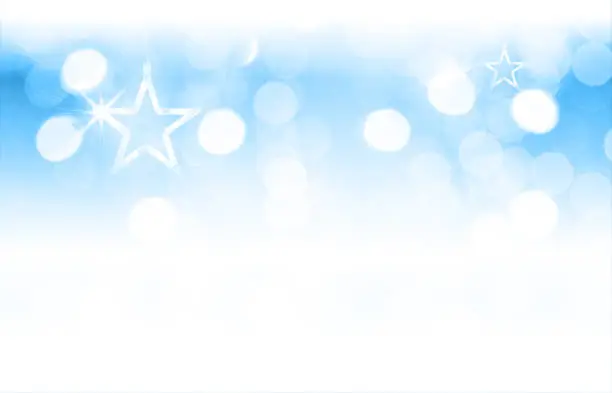 Vector illustration of Blank empty glittery shimmery shiny horizontal ombre vector party backdrop or backgrounds in bright gradient light sky blue color with bubble or lens flare all over like bokeh lights for Christmas celebrations with two overlapping shining stars