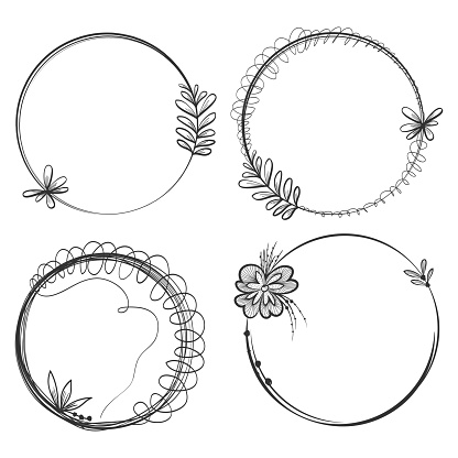 doodle scribble. Hand drawn floral circle frame. Elegant wreath with leaves element for wedding design, for birthday cards, posters