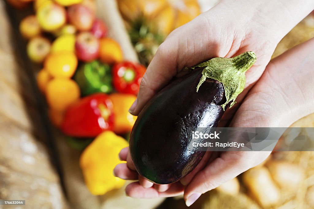 Manos de espera brillante púrpura color berenjena contra más verduras - Foto de stock de Abundancia libre de derechos