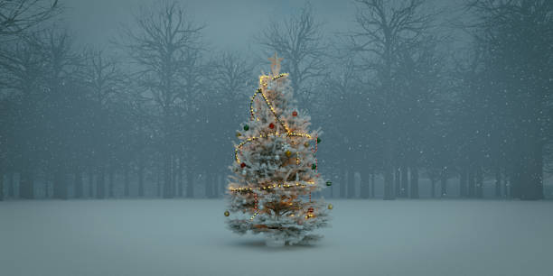 istock A dreamy Christmas tree alone in a snowy, foggy forest, 3d rendering 1766330791