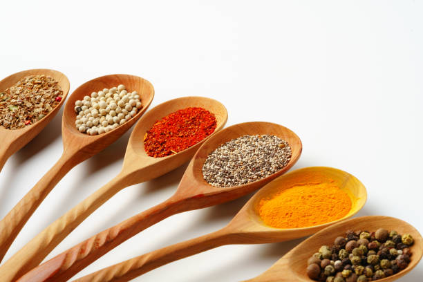 istock Spice in wooden spoons on white background 1766347770