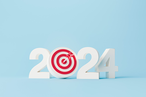 New year resolution 2024. Goal achievement. Ambition aiming success. Dartboard and arrow with number. 3d rendering illustration