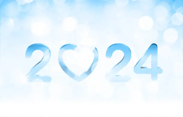Vector illustration of Glittery shiny horizontal monochrome vector backgrounds in bright gradient pastel light sky blue color with bubbles or lens flare all over like bokeh lights for Christmas and love theme New Year celebrations with metallic 3D text 2024 with a heart