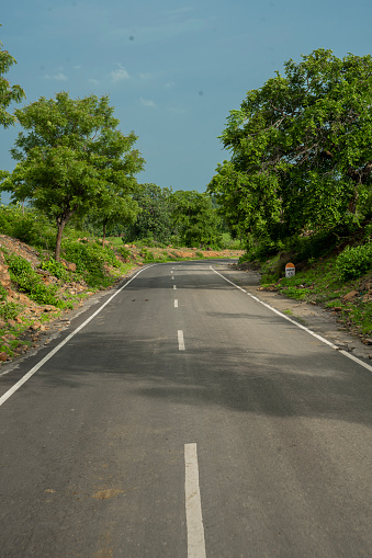 Vibrant Springtime Scenic View of asphalt road connected to the countryside area, big tree covered road like tree tunnel.Farmland in the both side of the road at Gulbarga, Karnataka, India.