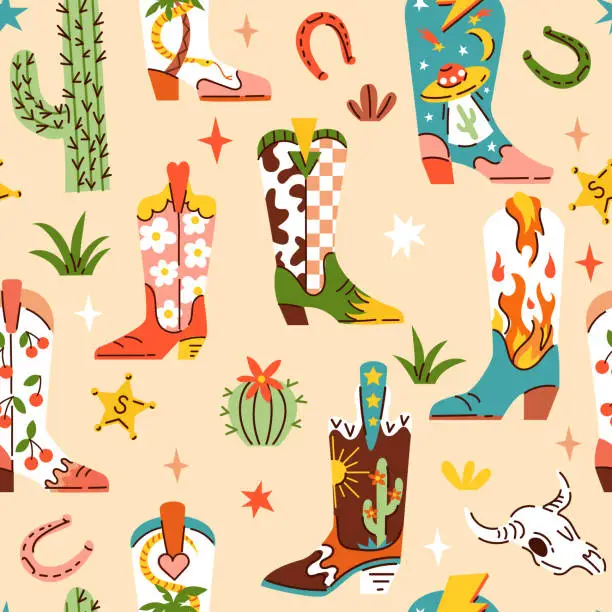 Vector illustration of Seamless pattern with various cartoon style trendy cowboy boots in desert.