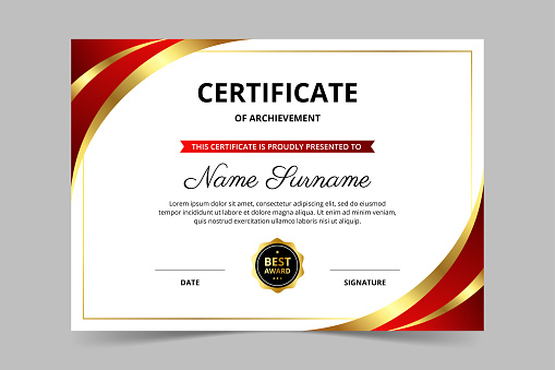 Modern elegant red and gold certificate template. Appreciation for business and education. Vector illustration