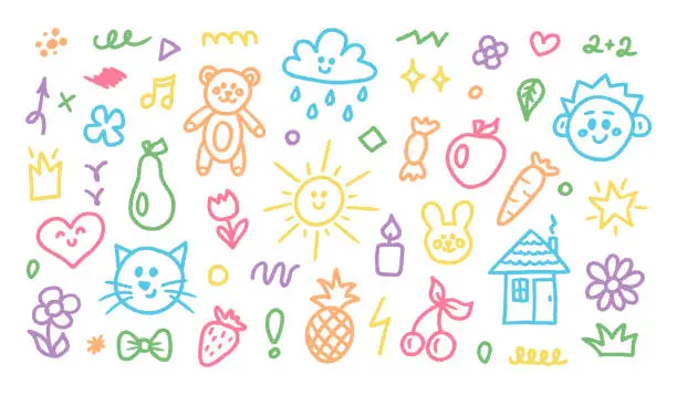 Vector illustration of Cute doodle hand drawn kids set. Colorful element of scribble, heart, animal, flower, sun and cloud. Vector modern illustration