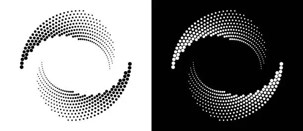 Vector illustration of Modern abstract background. Halftone dots in circle form. Round logo. Vector dotted frame. Design element or icon. Black shape on a white background and the same white shape on the black side.