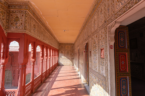 Bikaner, Rajasthan, India. September 22, 2023: View of Junagarh Fort. Richly carved and decorated cloisters.