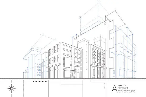 Vector illustration of Outline drawings of abstract modern urban buildings and architecture.