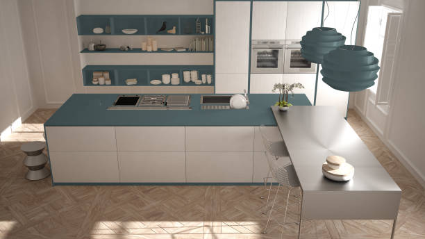 istock Modern kitchen in classic interior, island with stools and two big window, top view, white and blue navy architecture interior design 1766428136